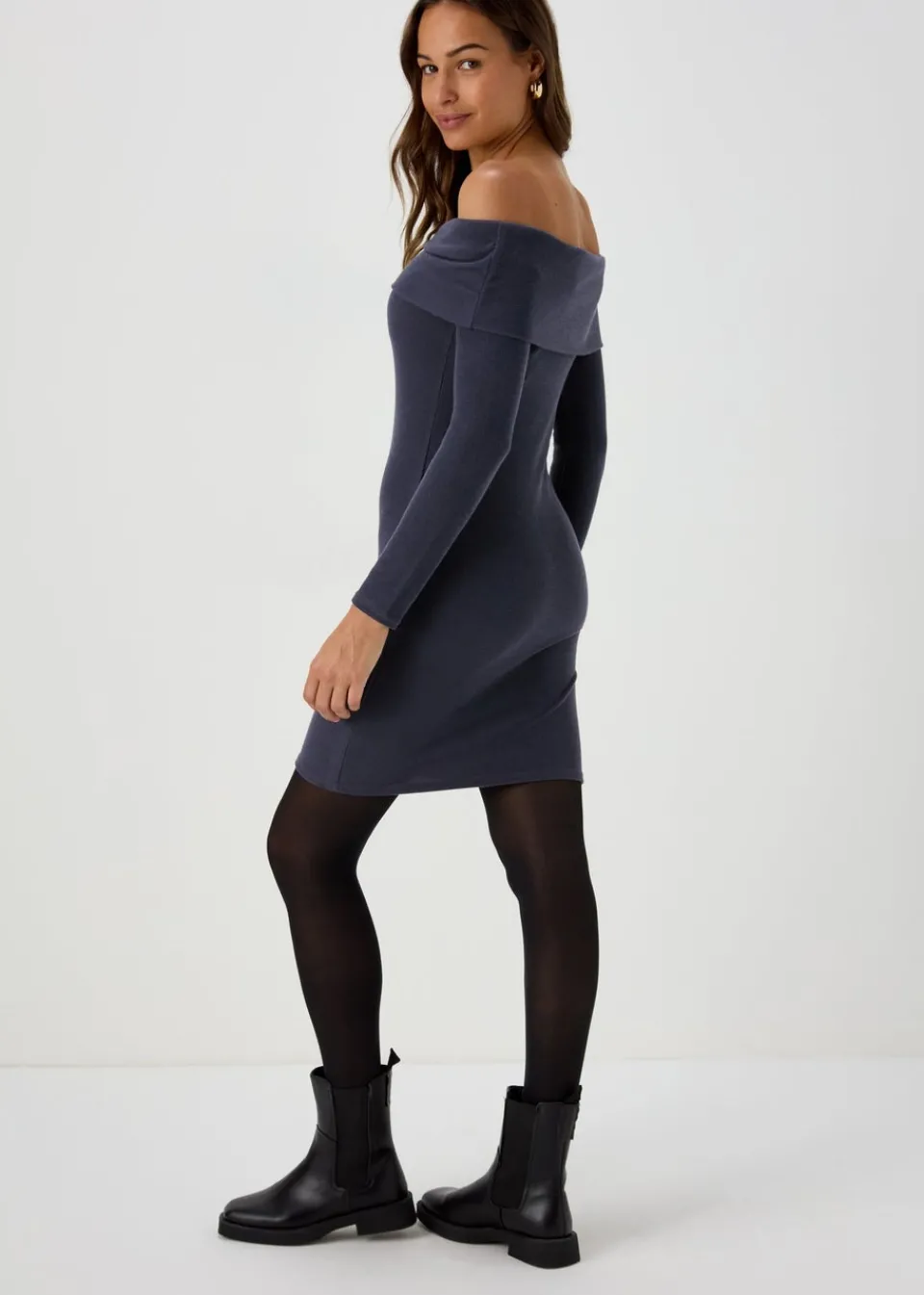 Dresses>Papaya Rib Bardot Mini Dress Grey