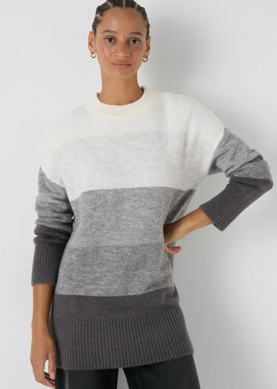 Tops>Papaya Grey Stripe Knitted Tunic