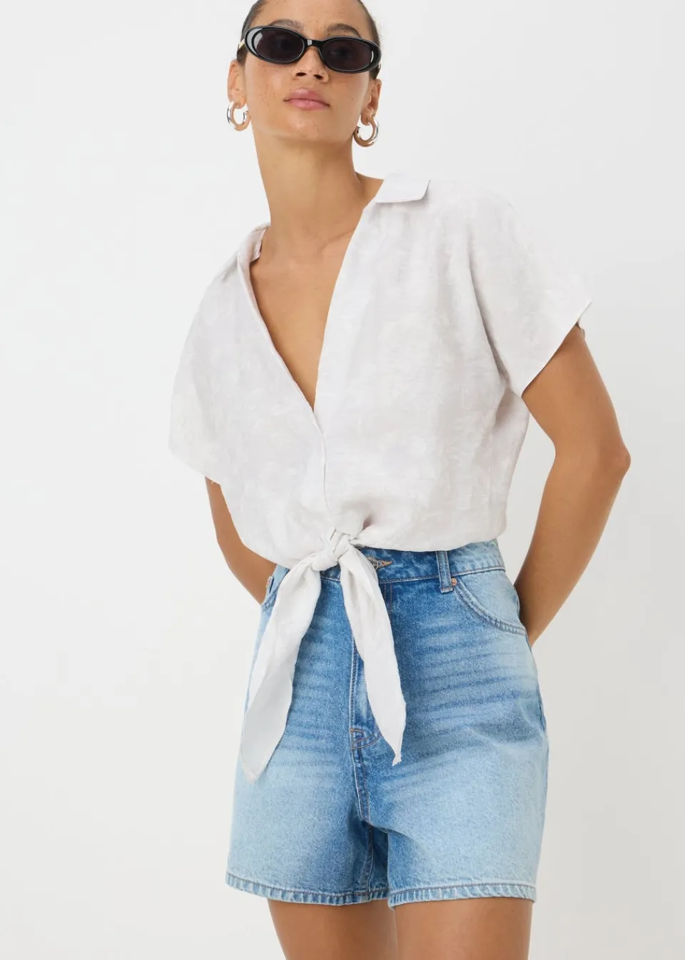 Tops>Papaya Grey Tie Waist Shirt