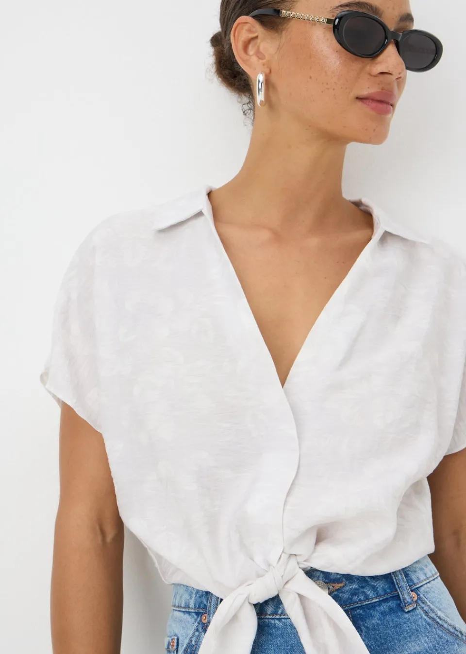 Tops>Papaya Grey Tie Waist Shirt