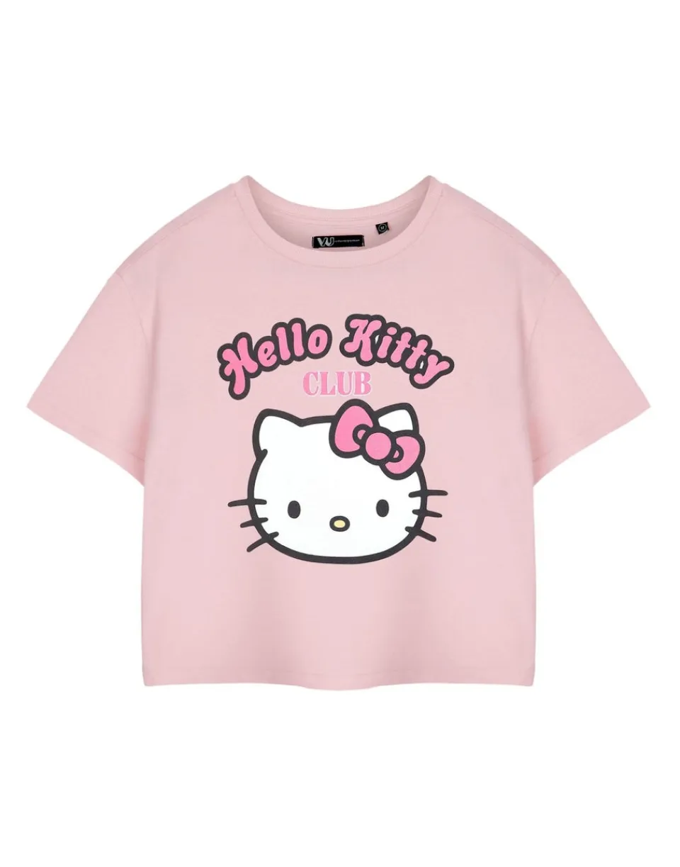 T-Shirts>Hello Kitty Pink Club Cropped Short Sleeved T-Shirt