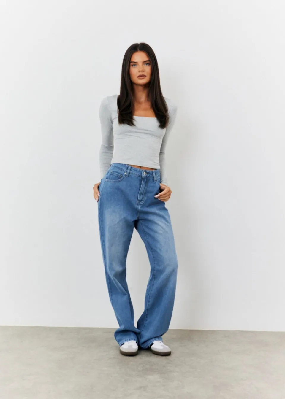 Tops>In The Style Grey Long Sleeve Bardot Top