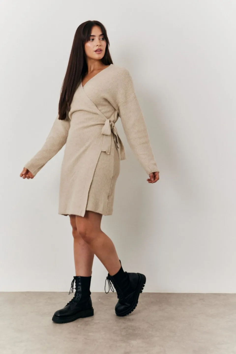 Knitwear>In The Style Oatmeal Knitted Wrap Dress