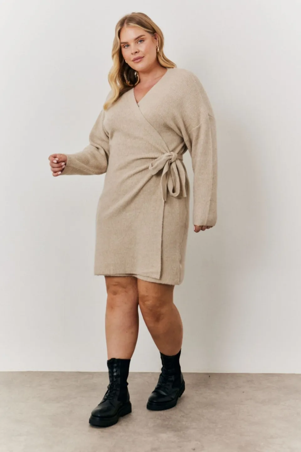 Knitwear>In The Style Oatmeal Knitted Wrap Dress