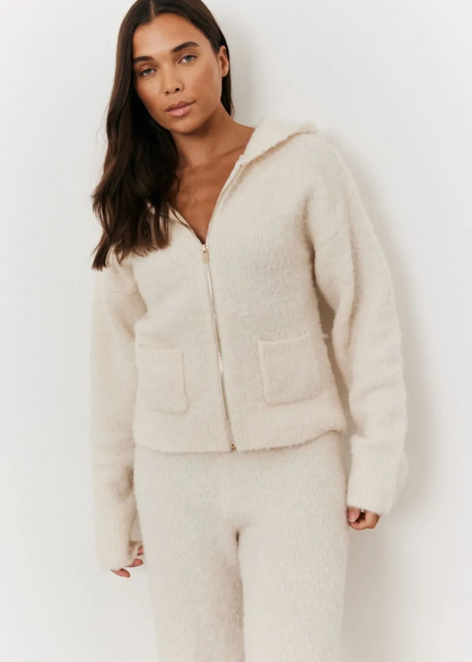 Coats & Jackets>In The Style Stacey Solomon Cream Fluffy Knit Zip Up Hoodie