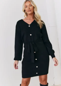 Knitwear>In The Style Stacey Solomon Black Pearl Button Detail Knit Belted Mini Dress