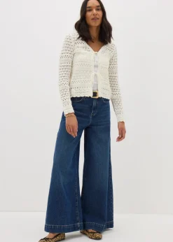 Tops>Papaya Pointelle Tie Front Cardigan Ivory