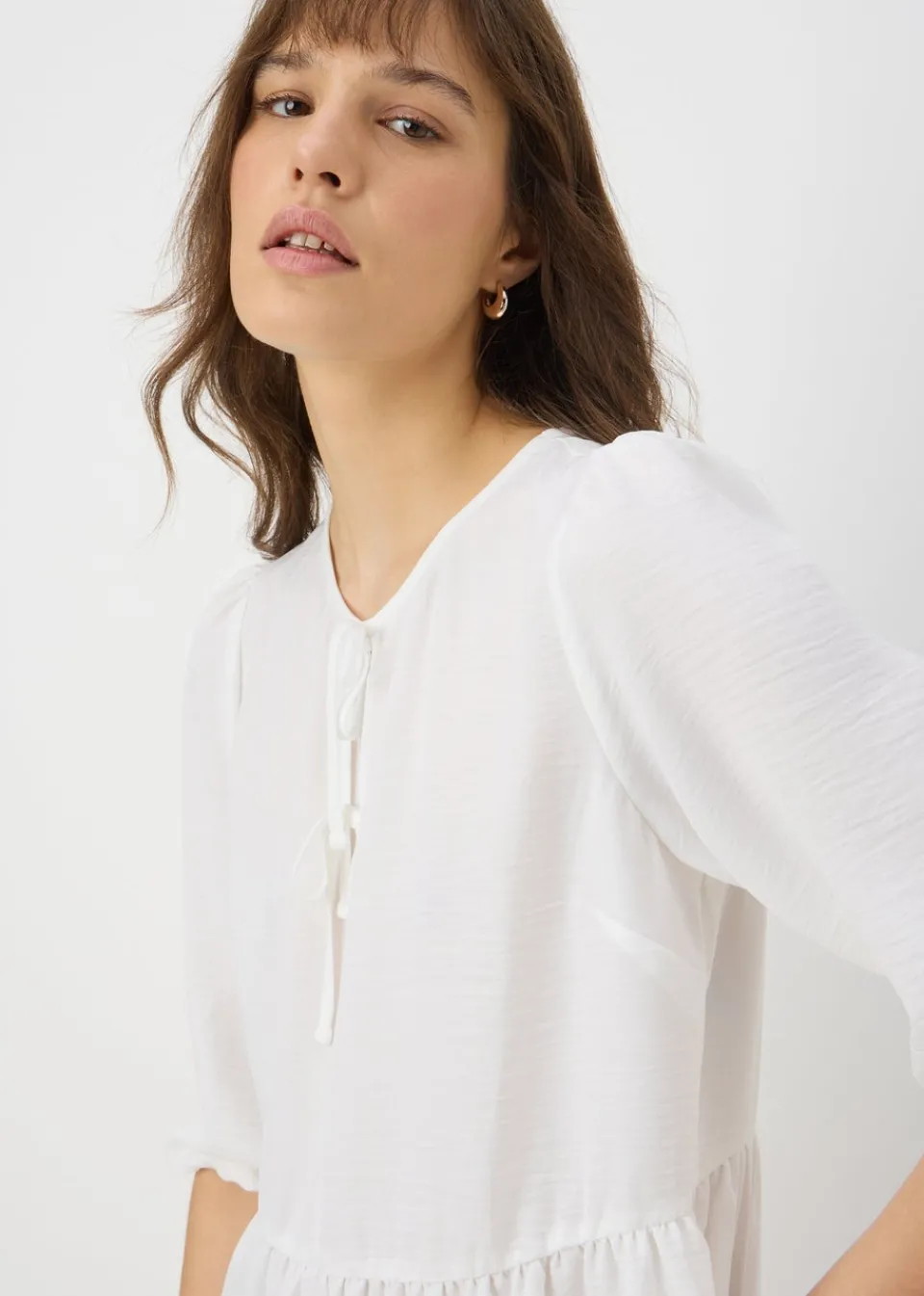 Tops>Papaya Ivory Tie Neck Peplum Blouse