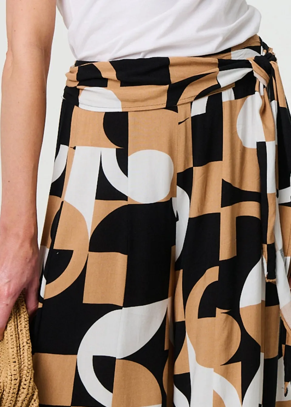 Trousers>Izabel London Beige Abstract High Waist Wide Leg Trousers