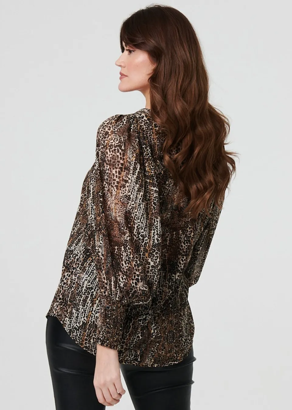 Tops>Izabel London Beige Animal Print Sheer Mesh Blouse
