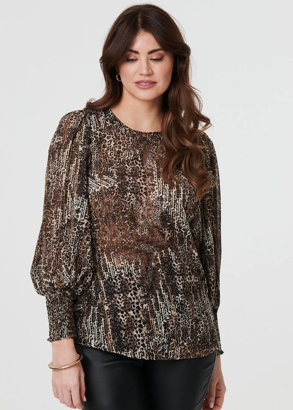 Tops>Izabel London Beige Animal Print Sheer Mesh Blouse