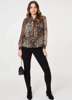 Tops>Izabel London Beige Animal Print Tie Neck Long Sleeve Blouse