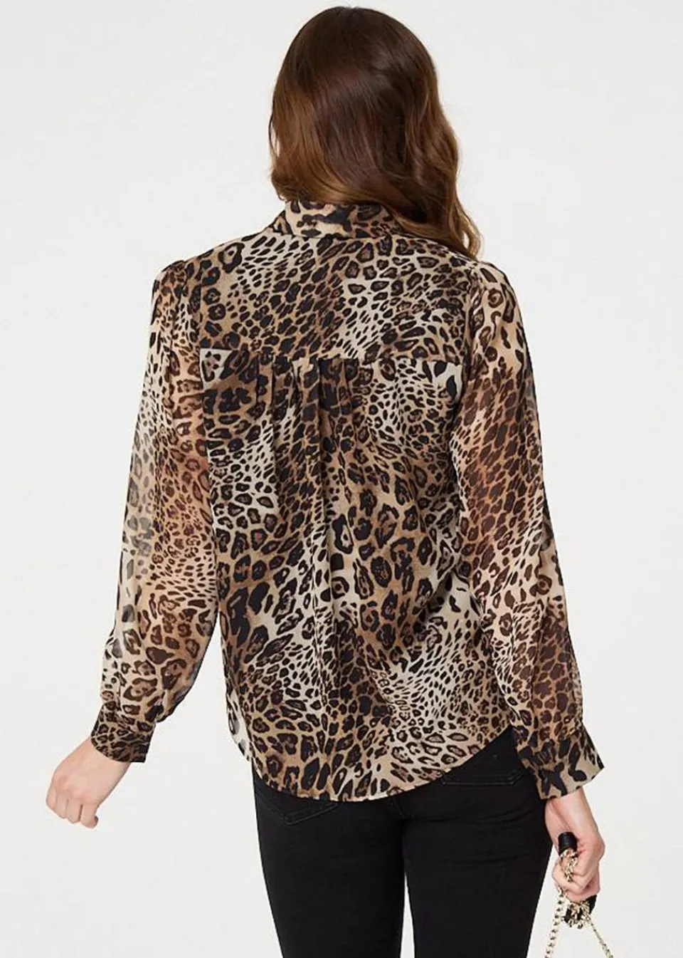 Tops>Izabel London Beige Animal Print Tie Neck Long Sleeve Blouse