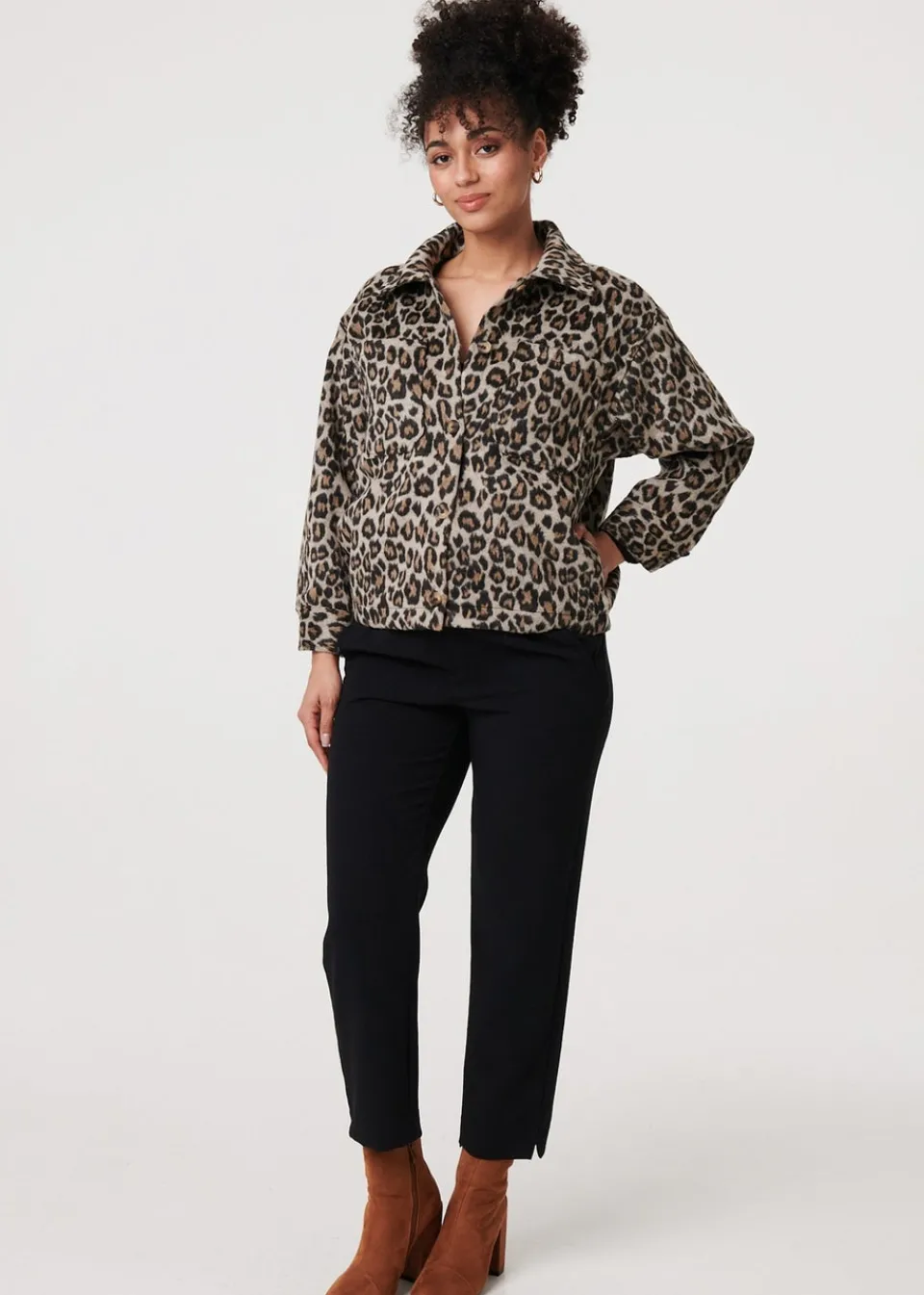 Coats & Jackets>Izabel London Beige Animal Print Flannel Shirt Jacket
