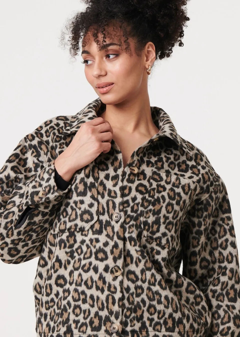 Coats & Jackets>Izabel London Beige Animal Print Flannel Shirt Jacket