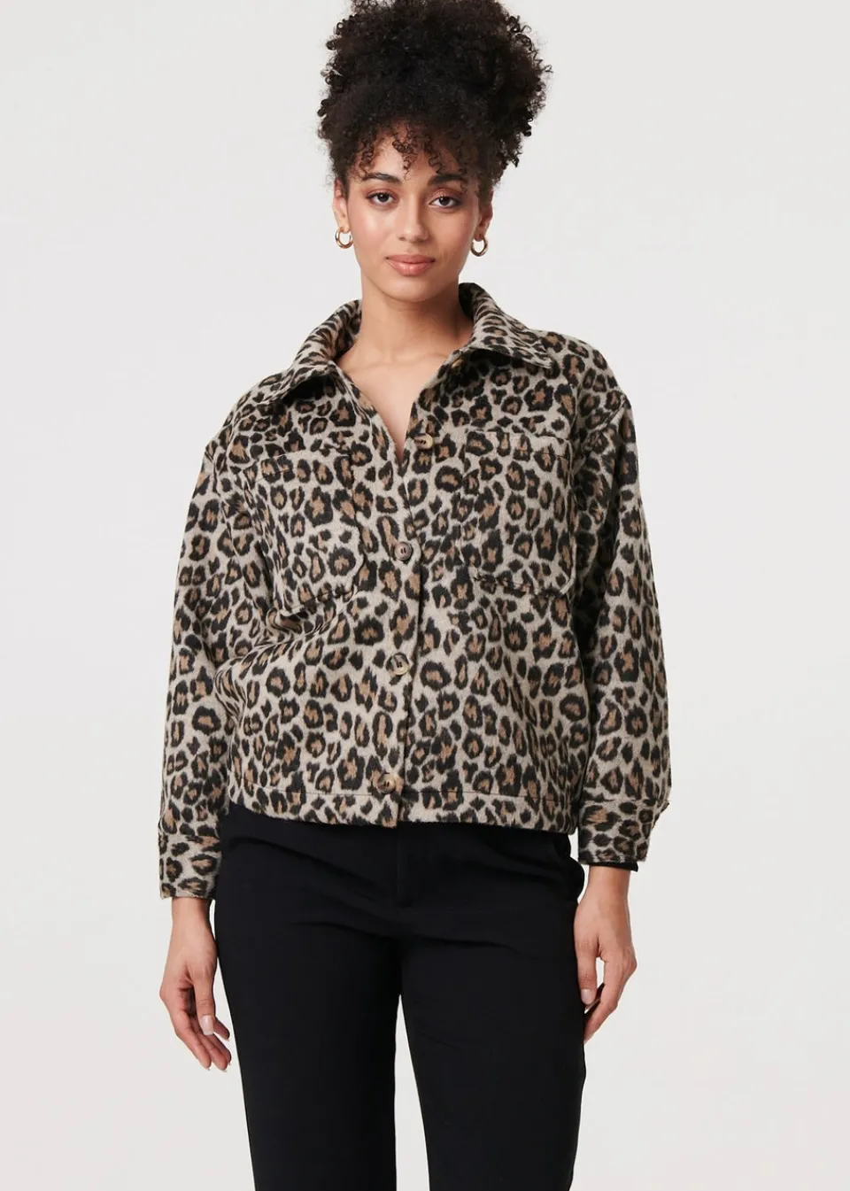 Coats & Jackets>Izabel London Beige Animal Print Flannel Shirt Jacket