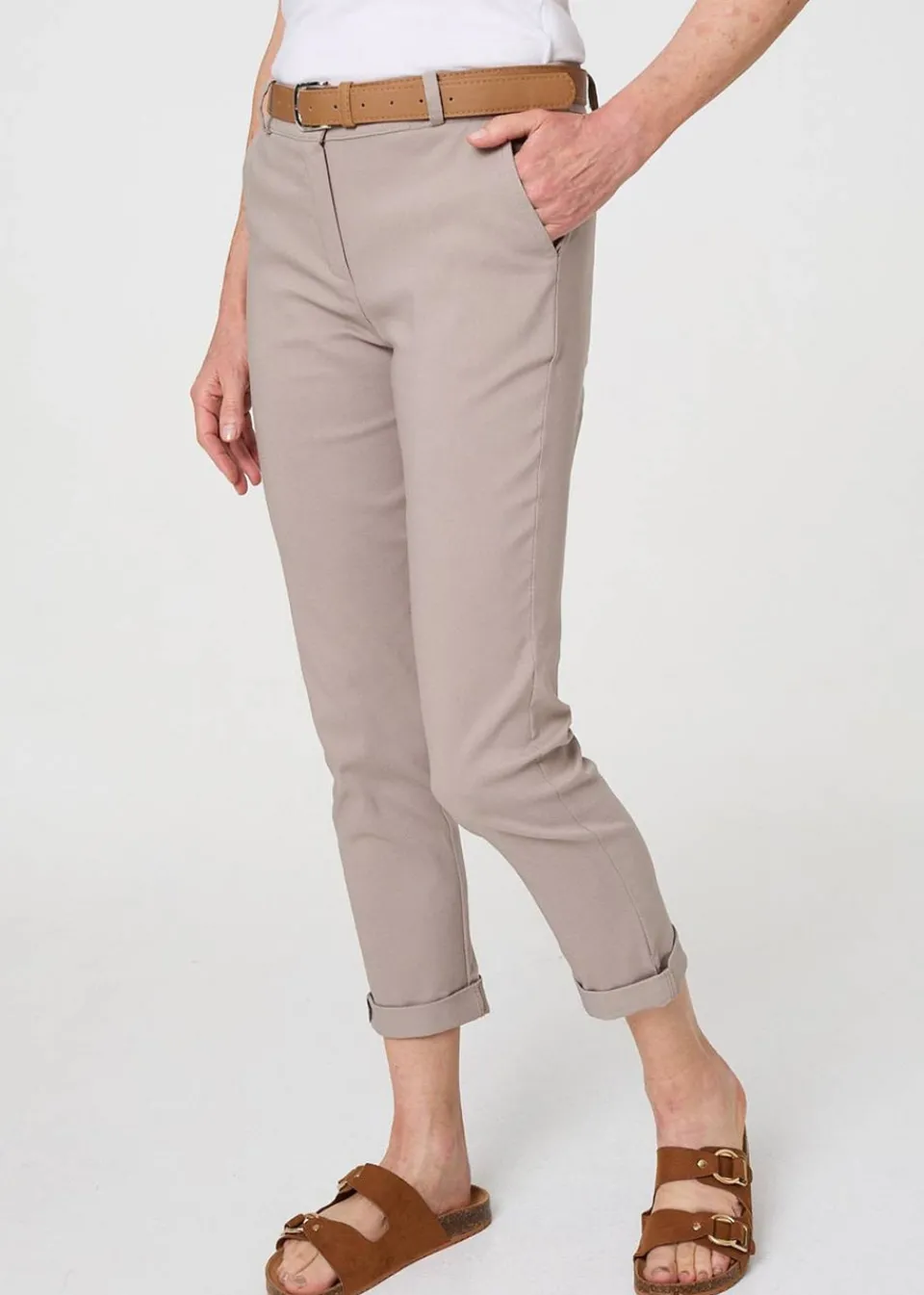 Trousers>Izabel London Beige Belt Detail Slim Fit Cropped Trousers