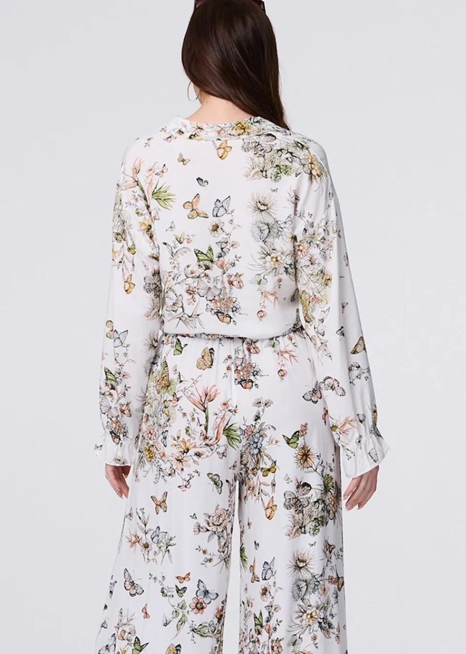 Tops>Izabel London Beige Butterfly Print Long Sleeve Shirt