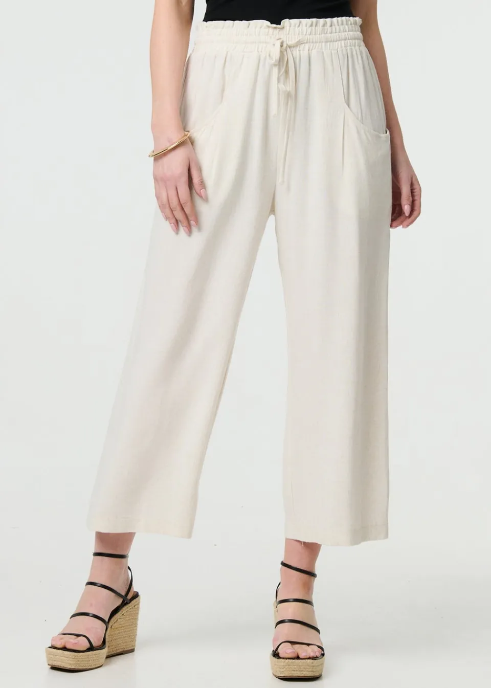 Trousers>Izabel London Beige Elasticated Waist Crop Wide Leg Trousers