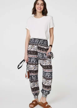 Trousers>Izabel London Beige Elephant Print High Waist Harem Pants