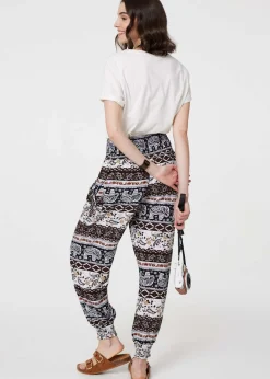 Trousers>Izabel London Beige Elephant Print High Waist Harem Pants