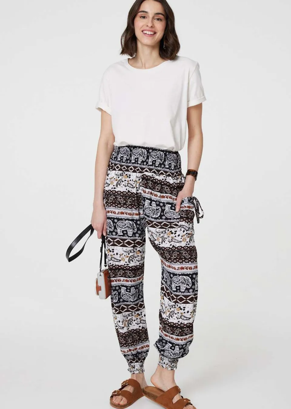 Trousers>Izabel London Beige Elephant Print High Waist Harem Pants