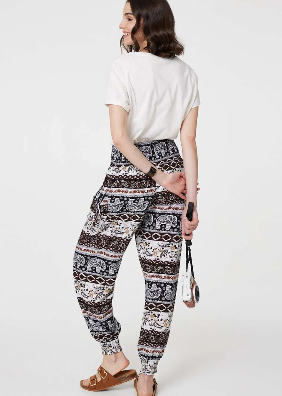 Trousers>Izabel London Beige Elephant Print High Waist Harem Pants