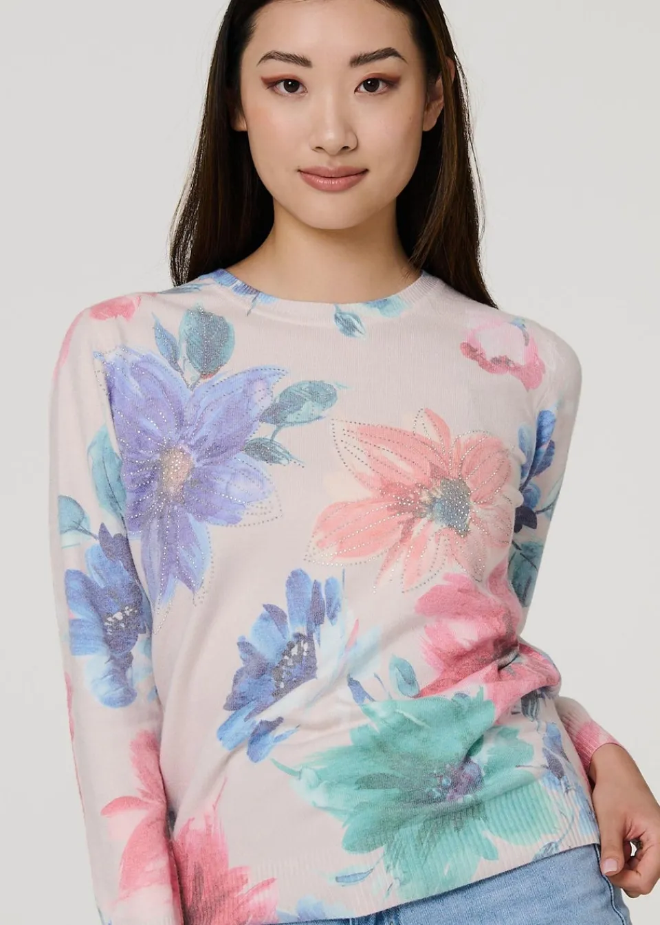Tops>Izabel London Beige Floral Diamante Detail Long Sleeve Jumper