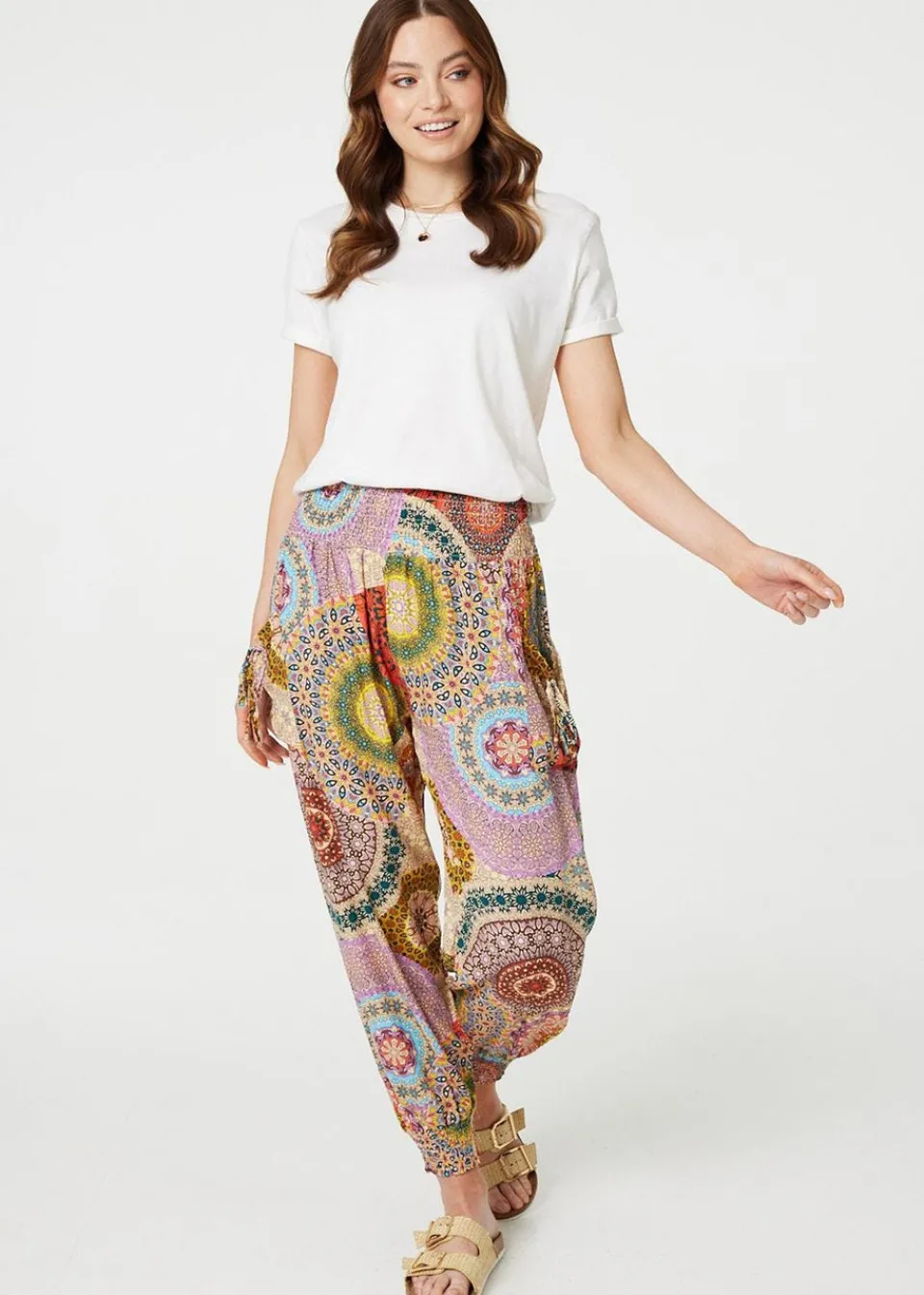 Trousers>Izabel London Beige Kaleidoscope Print High Rise Harem Pants