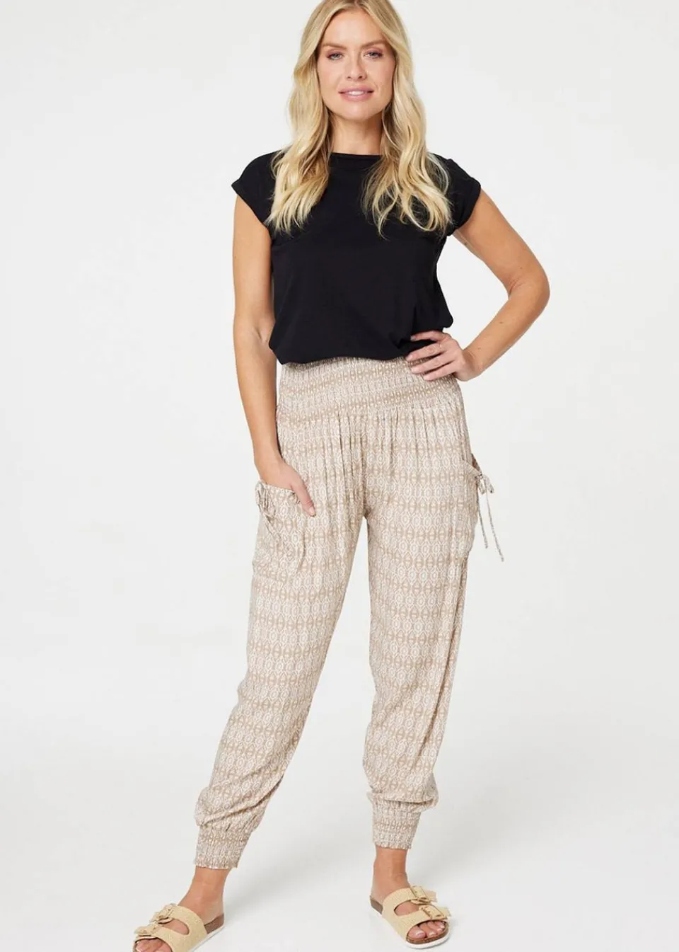 Trousers>Izabel London Beige Printed Elasticated Harem Pants