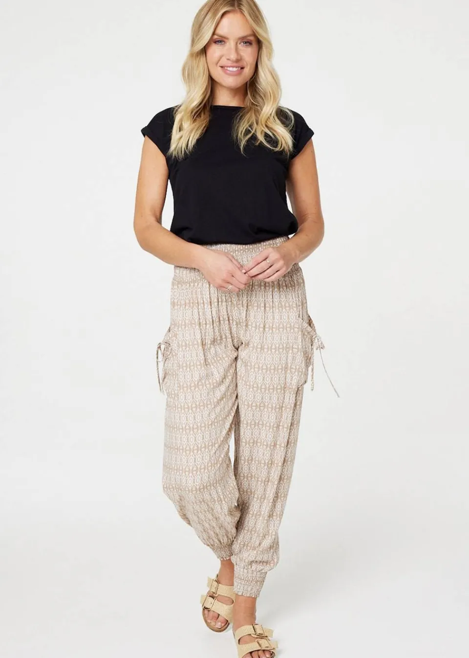 Trousers>Izabel London Beige Printed Elasticated Harem Pants