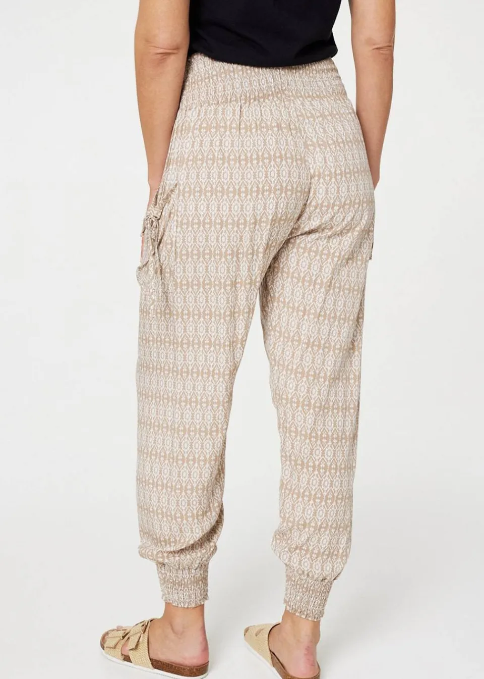 Trousers>Izabel London Beige Printed Elasticated Harem Pants