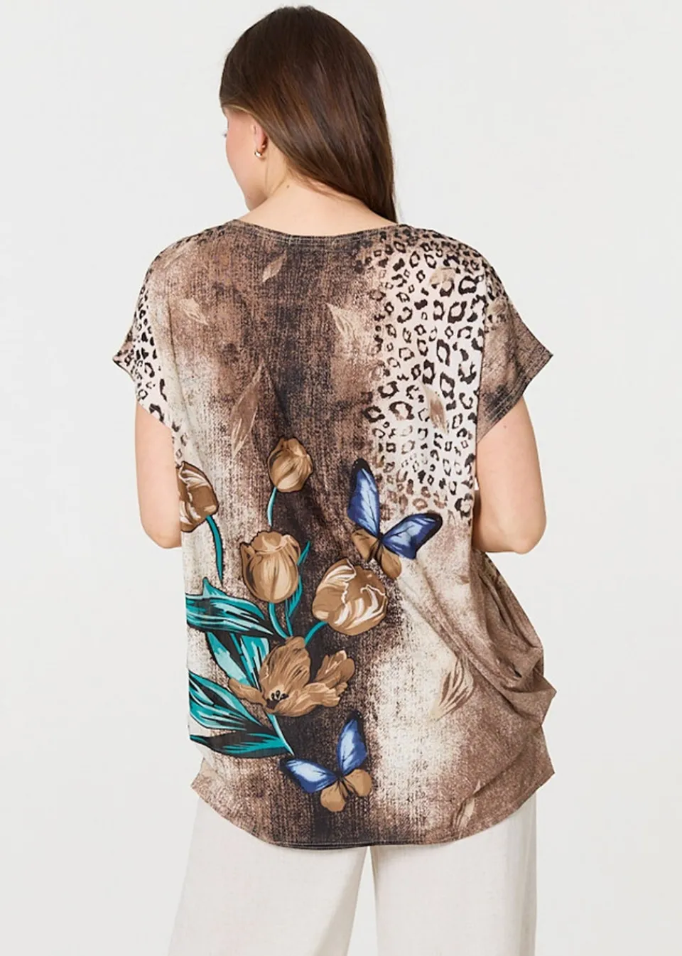 T-Shirts>Izabel London Beige Printed Cap Sleeve Relaxed T-Shirt