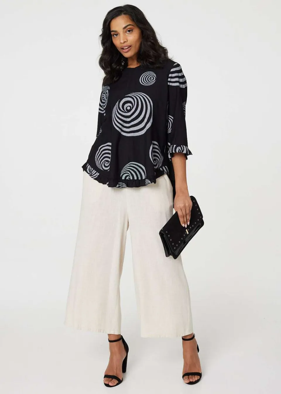 T-Shirts>Izabel London Black Abstract Print Frill Hem Tunic Top