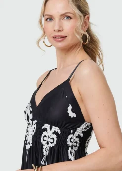 Dresses>Izabel London Black & White Ikat Print Sleeveless Shirred Maxi Dress