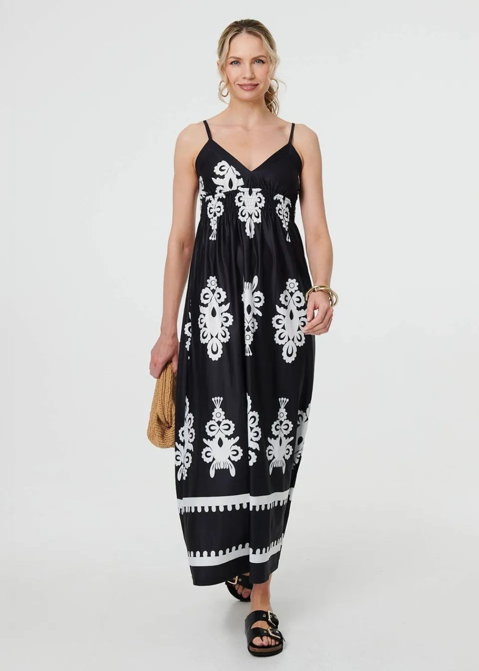 Dresses>Izabel London Black & White Ikat Print Sleeveless Shirred Maxi Dress