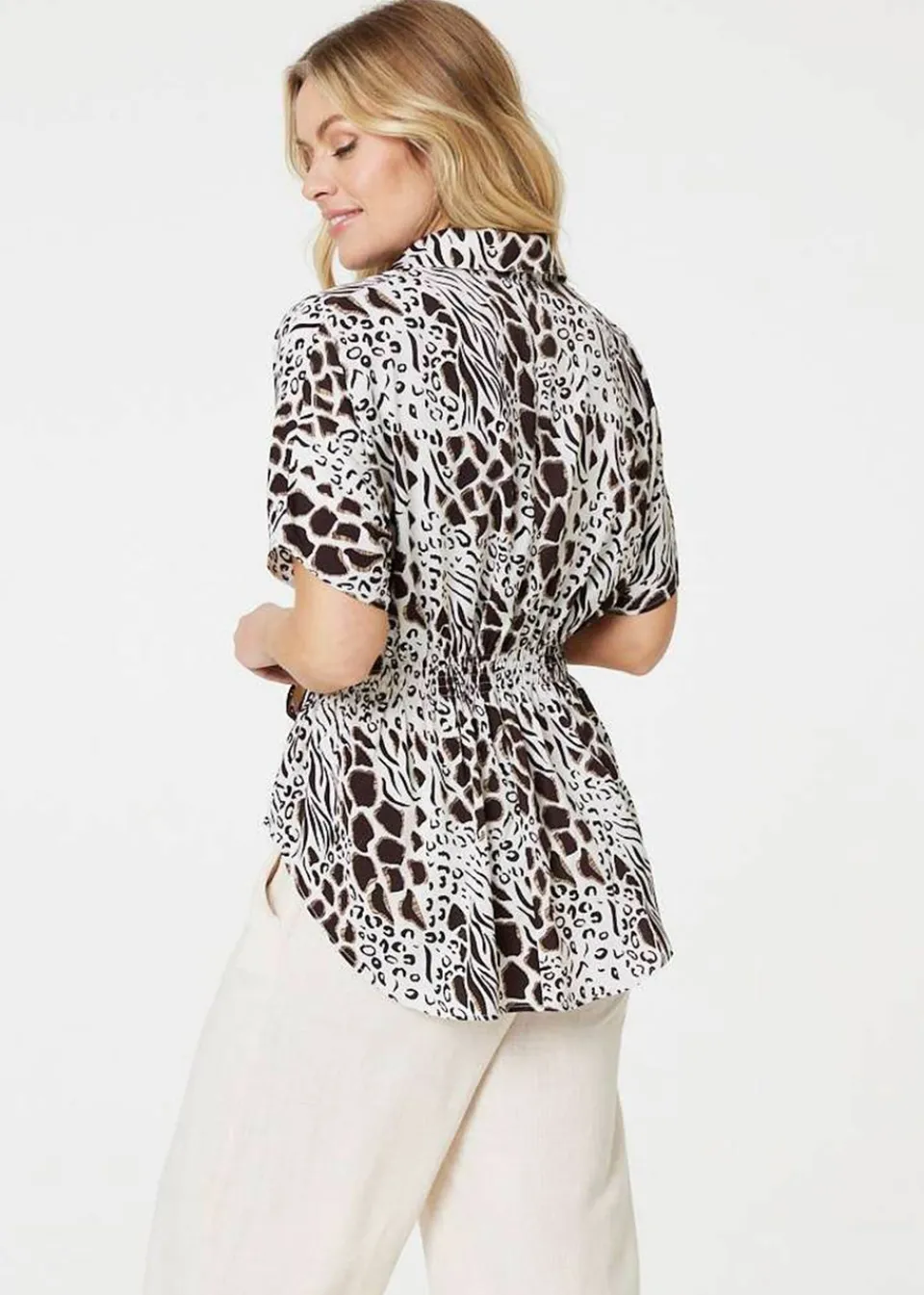 Tops>Izabel London Black And White Animal Print Shirred Waist Blouse