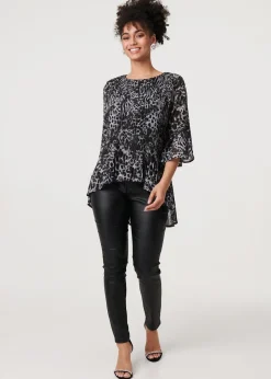 Tops>Izabel London Black Animal Print Sheer Pleated Blouse