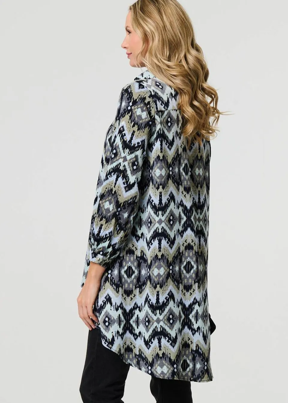 Tops>Izabel London Black Aztec Print High Low Long Sleeve Shirt