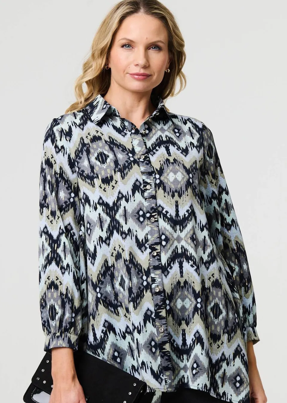 Tops>Izabel London Black Aztec Print High Low Long Sleeve Shirt