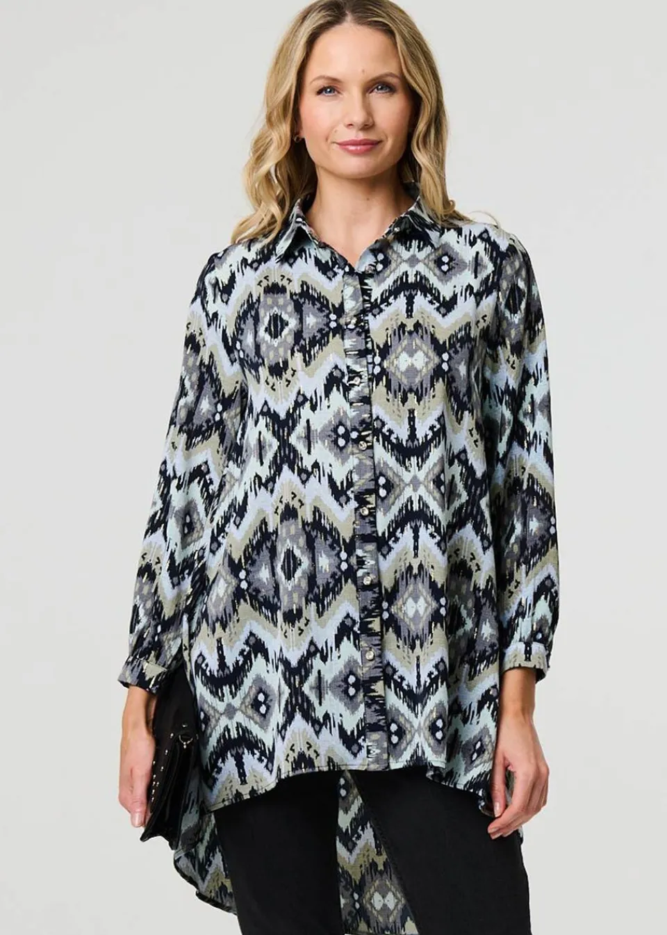 Tops>Izabel London Black Aztec Print High Low Long Sleeve Shirt