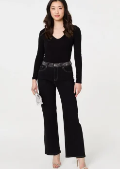 Jeans & Jeggings>Izabel London Black Diamante Stud High Waist Straight Jeans