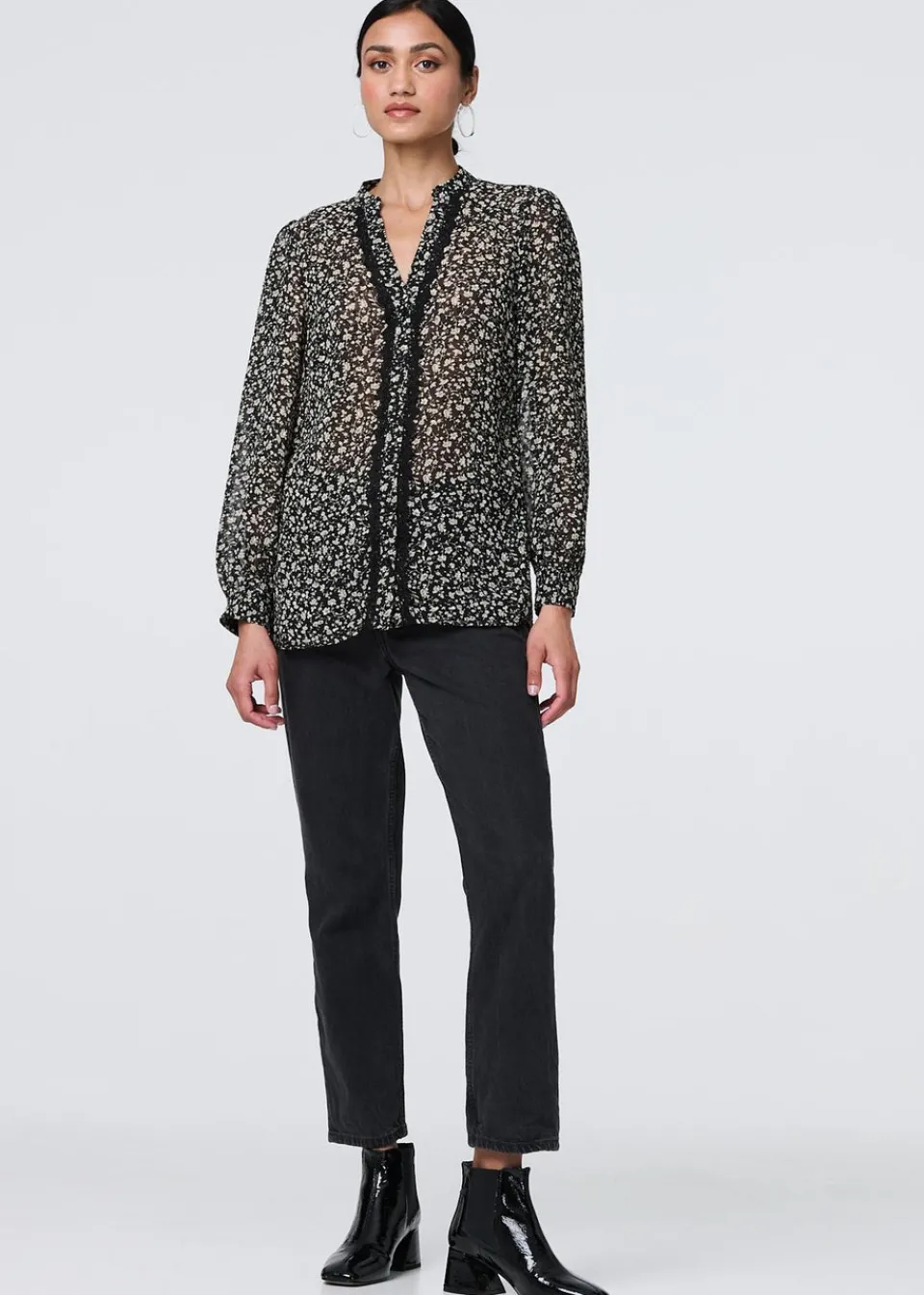 Tops>Izabel London Black Ditsy Floral Semi Sheer Long Sleeve Blouse