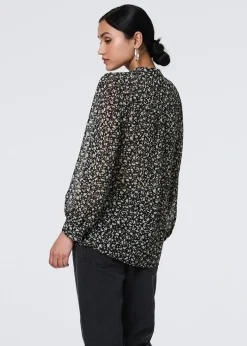 Tops>Izabel London Black Ditsy Floral Semi Sheer Long Sleeve Blouse