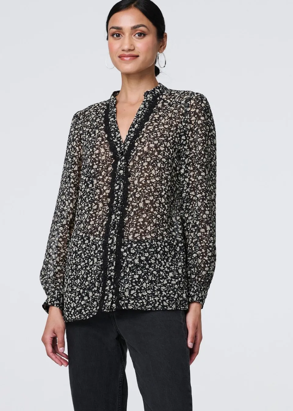 Tops>Izabel London Black Ditsy Floral Semi Sheer Long Sleeve Blouse