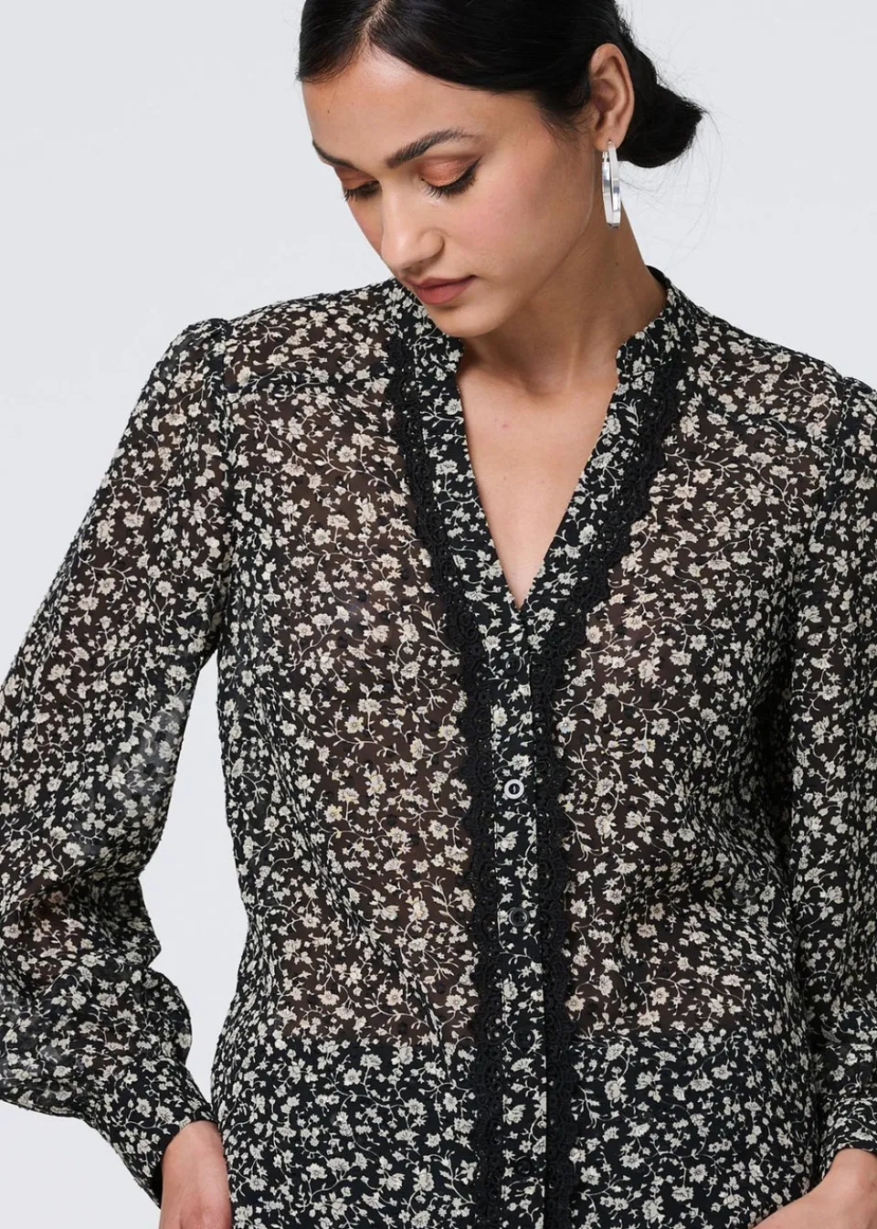 Tops>Izabel London Black Ditsy Floral Semi Sheer Long Sleeve Blouse