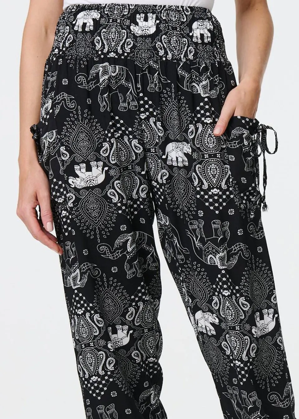 Trousers>Izabel London Black Elephant Print Relaxed Harem Pants