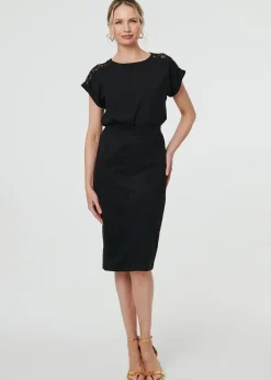 Skirts>Izabel London Black Faux Suede Knee Length Pencil Skirt