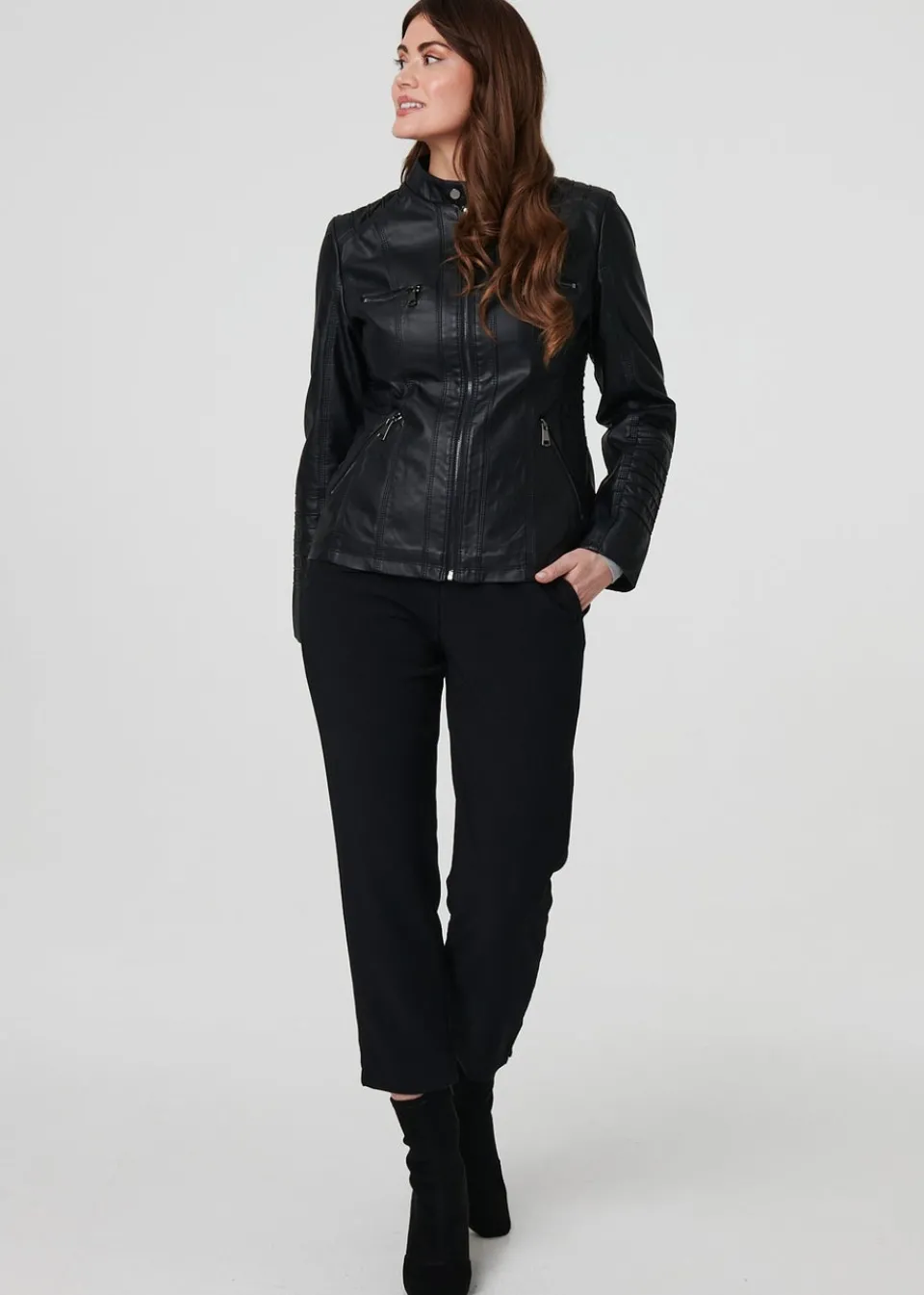 Coats & Jackets>Izabel London Black Faux Leather High Neck Zip Front Jacket
