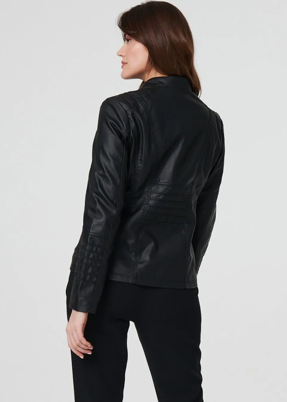 Coats & Jackets>Izabel London Black Faux Leather High Neck Zip Front Jacket